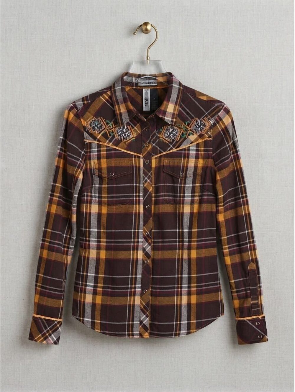 BKE Buckle Embroidered Plaid Western Button Down Flannel Shirt Small